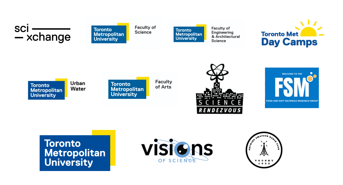 The logos of SciXchange major supporters for Science Rendezvous 2024 including Visions of Science, Skywide Amateur Radio Club, Science Rendezvous and more.